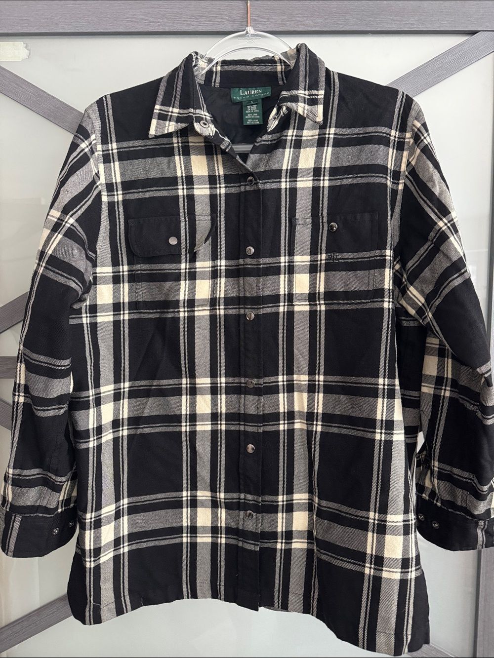 Lauren Ralph Lauren Black and Cream Plaid Snap-Down 100% Wool Shirt